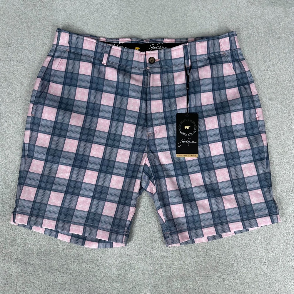 Jack Nicklaus NWT Men's 34 Plaid Pink Blue Shorts Golf 2 Way Stretch Wicking